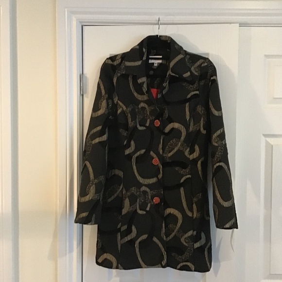 Fabulous 3/4 length black/dark gold brocade textured coat size M - Picture 7 of 9